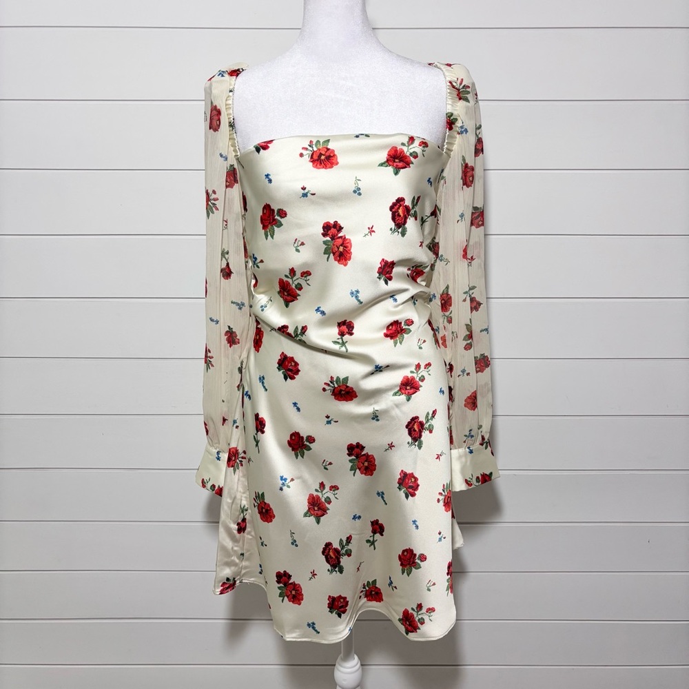 Weworewhat‎ Red Floral Satin Puff Sleeve Mini Dress Size 8